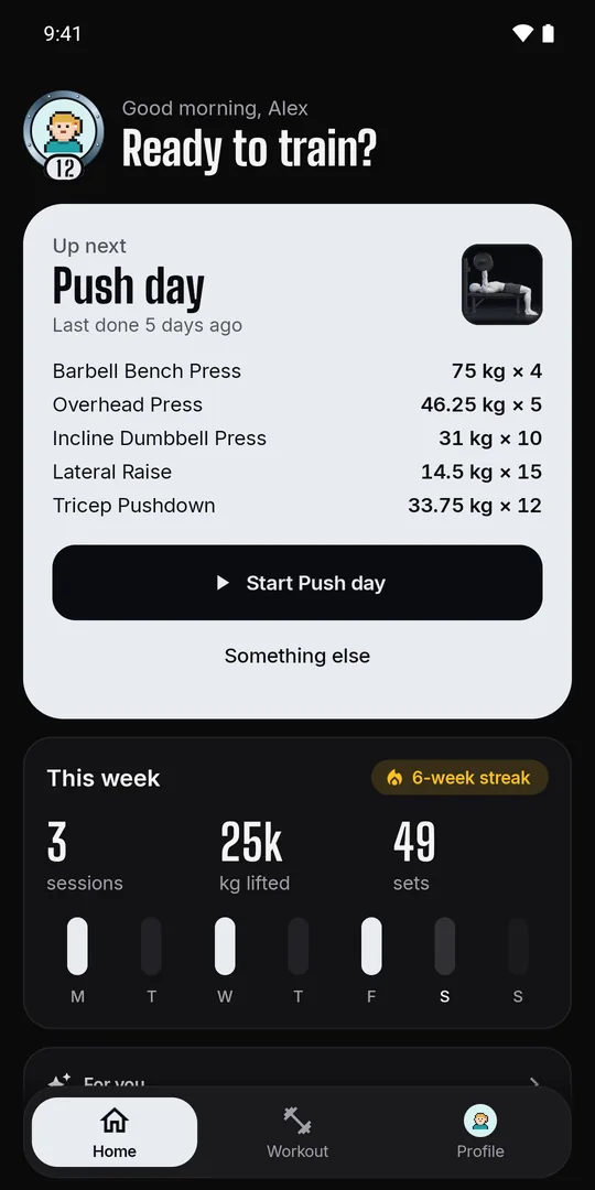 Lode home screen showing a Push day routine with the last weights used