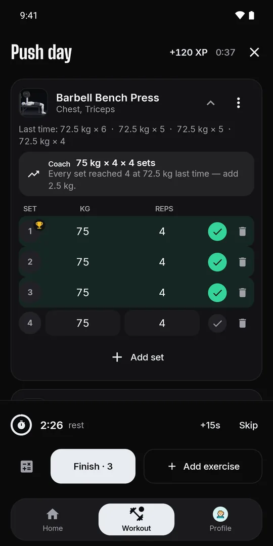 Logging a set during a workout