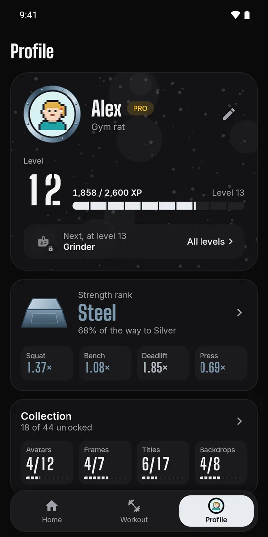 Profile with level, avatar and unlocked rewards