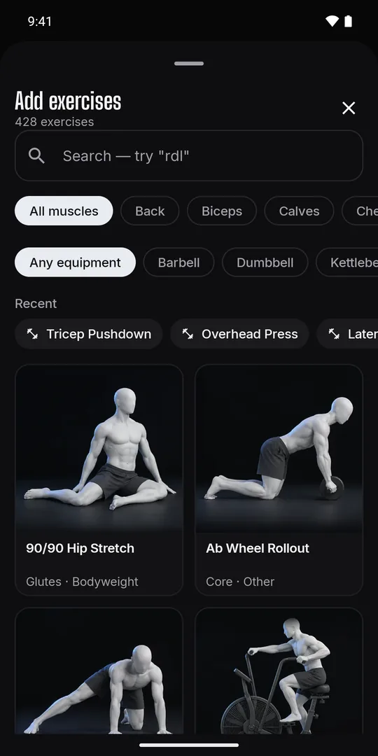 Exercise picker with search across 427 exercises